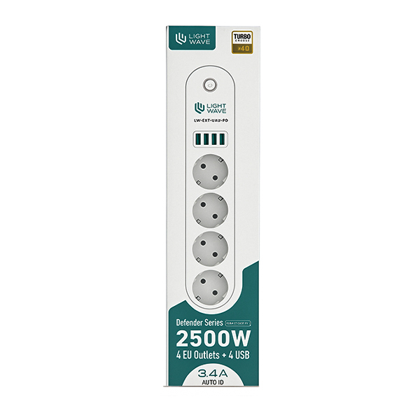 Multiprise Light Wave LW EXT‑44U‑2P – 4 prises EU + 4 ports USB, 2500W