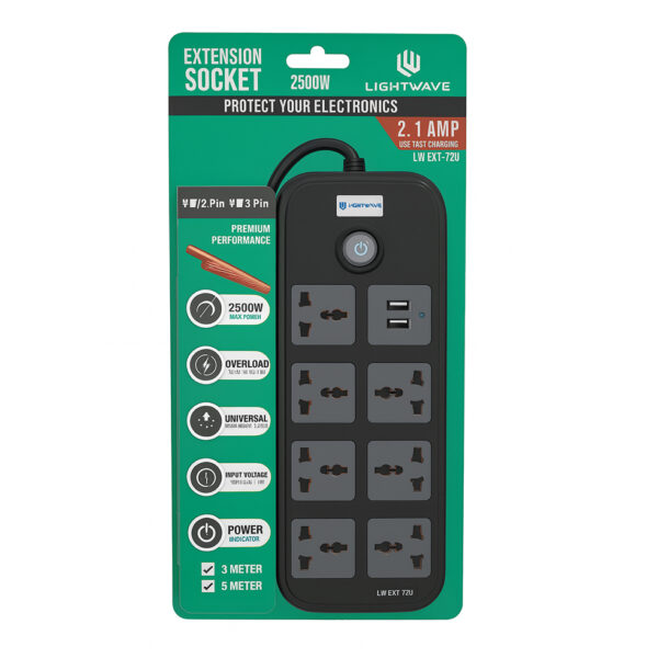 Surge LW EXT‑72U 3 m – 7 prises universelles + 2 ports USB avec protection intégrée