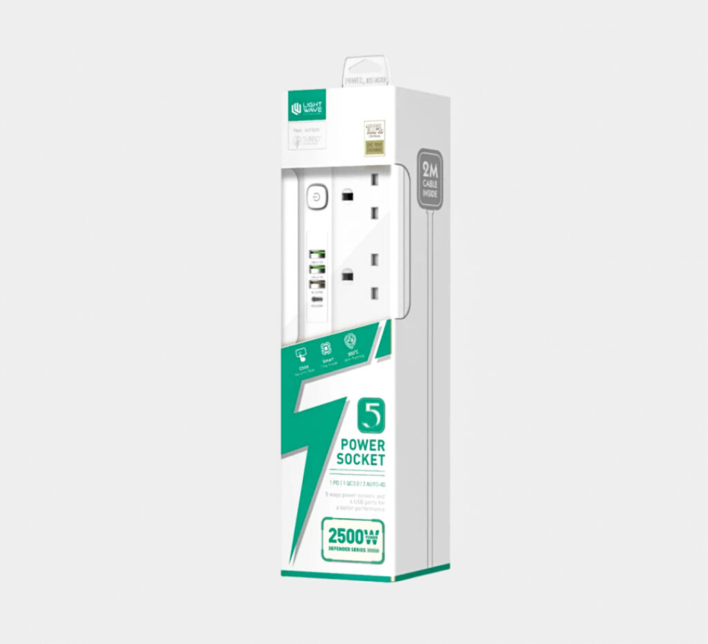 Light Wave EXT‑54U – Multiprise 5 prises universelles + 4 ports USB (câble ≈ 2 m, 2500 W)