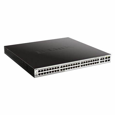 DGS‑1210‑52MP : switch smart managed 48 ports Gigabit PoE+, 4 uplinks SFP, VLAN, QoS, ACL, interface Web/CLI, budget 370 W, rackable 1U