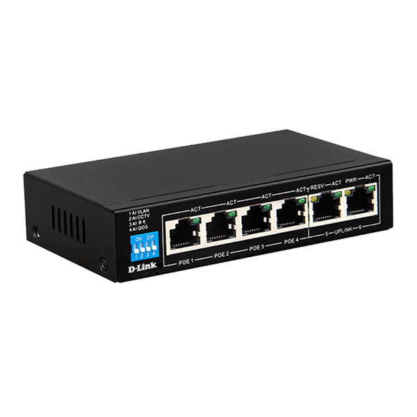 D‑Link DES‑F1006P‑E : switch PoE+ 6 ports, fanless, budget 60 W, longue portée 250 m, plug & play – parfait pour vidéosurveillance & réseau IP.