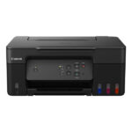Imprimante multifonction Canon PIXMA G2430 MegaTank noire, vue avant avec réservoirs d’encre intégrés