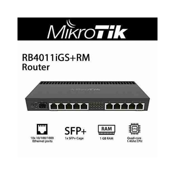 Routeur MikroTik RB4011iGS+RM avec 10 ports Gigabit, port SFP+ 10G et RouterOS avancé. Idéal pour entreprises et infrastructure