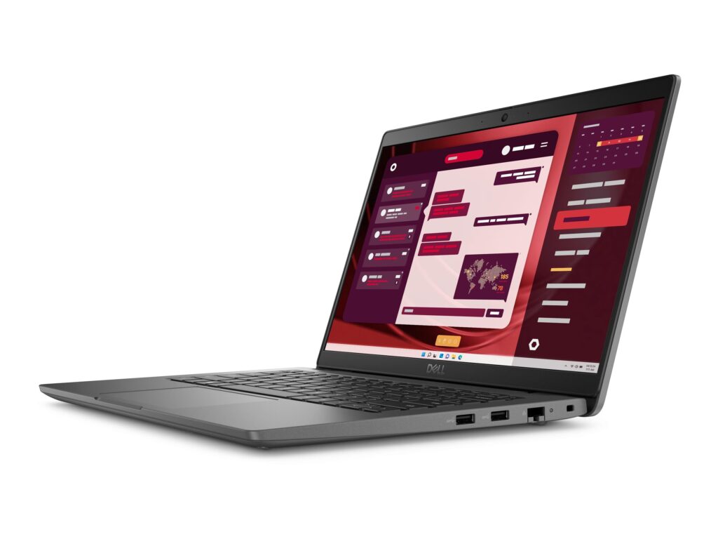 Ordinateur portable Dell Latitude 3450 de 14 pouces ouvert, coloris gris, vue de trois quarts