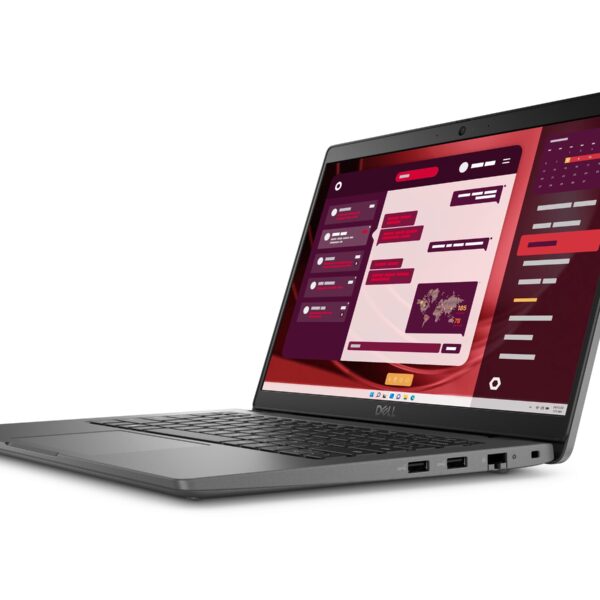 Ordinateur portable Dell Latitude 3450 de 14 pouces ouvert, coloris gris, vue de trois quarts