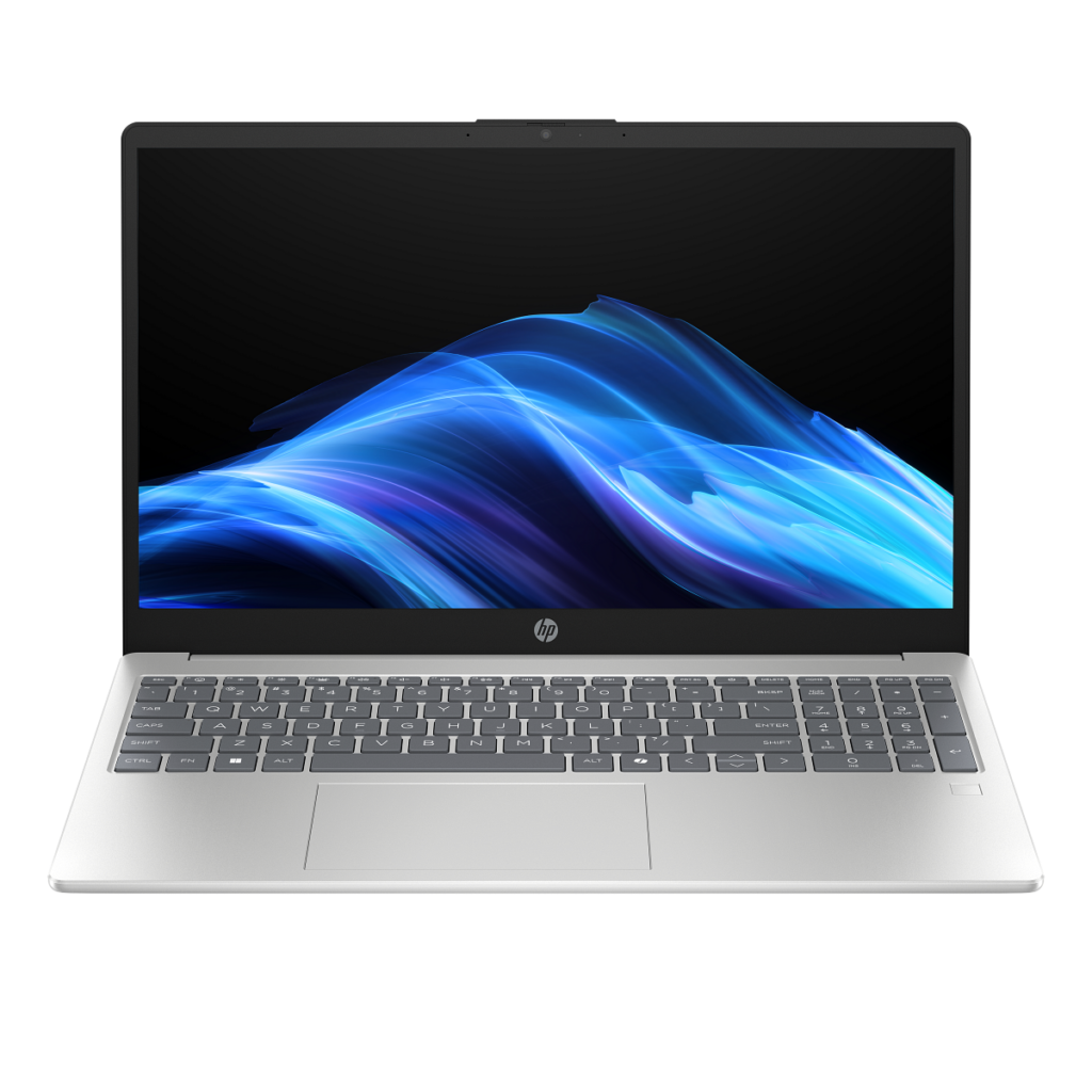 Ordinateur portable HP 15-fd0nia 15,6 pouces ouvert, coloris gris, vue de trois quarts