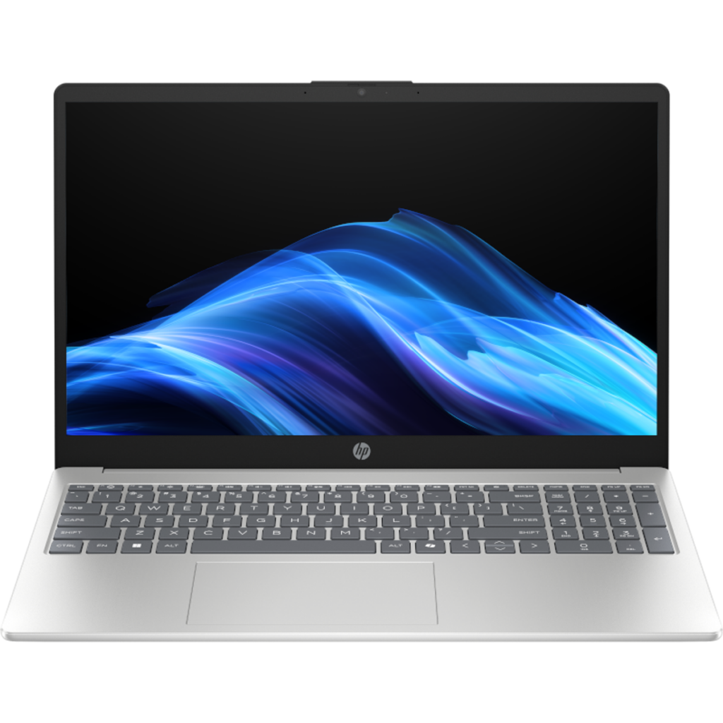 Ordinateur portable HP 15-fd0xxx 15,6 pouces ouvert, coloris gris, vue de trois quarts