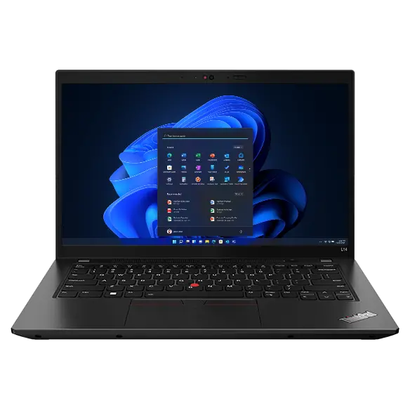 Ordinateur portable Lenovo ThinkPad L14 Gen 4 ouvert, coloris noir, vue de trois quarts