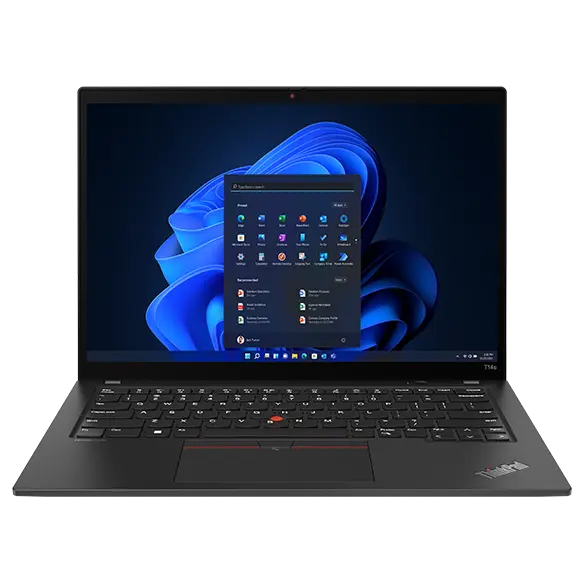 Ordinateur portable Lenovo ThinkPad T14s Gen 4 de 14 pouces ouvert, coloris noir, vue de trois quarts