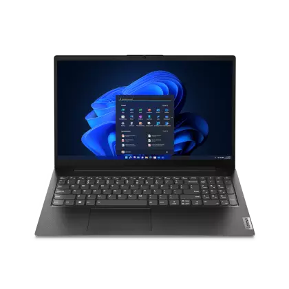 Ordinateur portable Lenovo V15 G4 AMN 15,6 pouces ouvert, coloris noir, vue de trois quarts