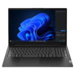 Ordinateur portable Lenovo V15 G5 IRL 15,6 pouces ouvert, coloris noir, vue de trois quarts