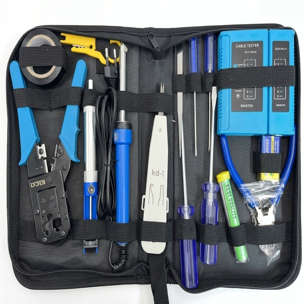 Trousse de maintenance réseau 15 pièces avec pince à sertir RJ45 et testeur