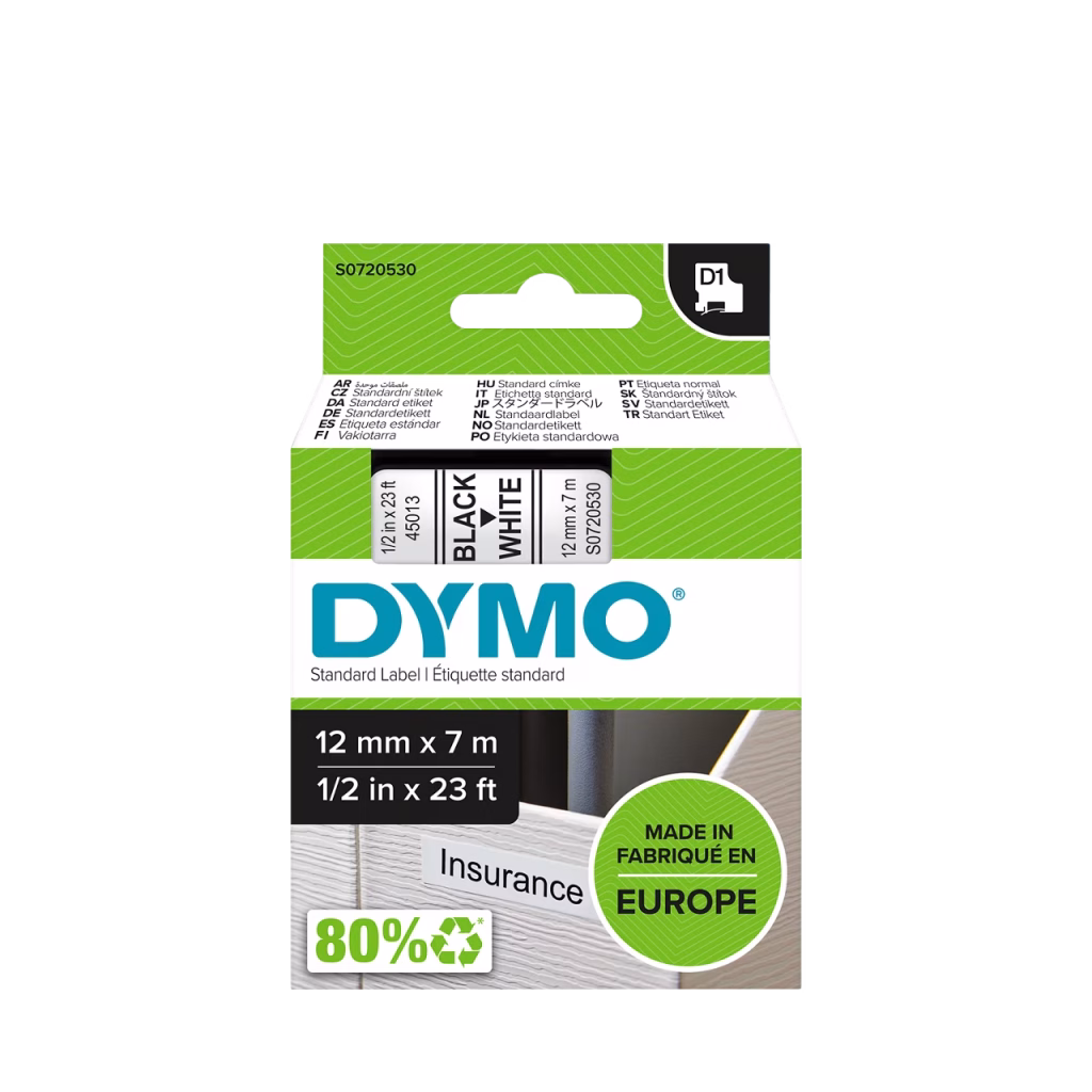 Cassette DYMO D1 45013 de 12 mm × 7 m, texte noir sur ruban blanc
