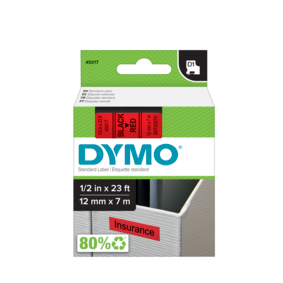 Cassette DYMO D1 45017 de 12 mm × 7 m, texte noir sur ruban rouge
