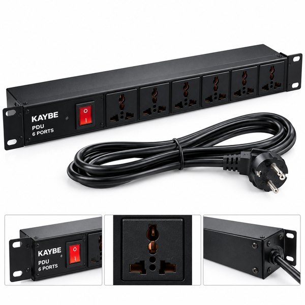 Illustration KAYBE PDU 6 ports multiprise rackable métallique, visuel non contractuel, fiche secteur représentée non UK